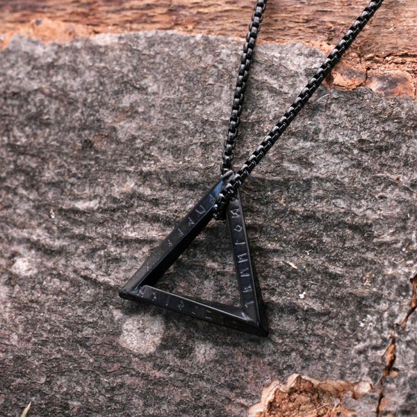 Men's necklace made of stainless steel, pendant twisted triangle with runes alphabet, Viking jewelry, Celtic men's jewelry, men's jewelry