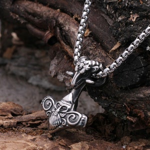 Viking Necklace Mens Thor&#39;s Hammer Aries Pendant Silver, Norse Jewelry, Stainless Steel