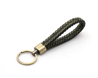 Key ring made of leather, black yellow, hand-woven, lanyard made of real leather, high-quality, gift, keychain