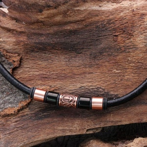 Necklace Men&#39;s Jewelry Leather Necklace Black 6 mm with Stainless Steel Beads, Celtic Jewelry, Copper-colored Nordic Jewelry