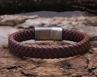 Leren armband herenarmband bruin blauw gevlochten, 1 cm breed