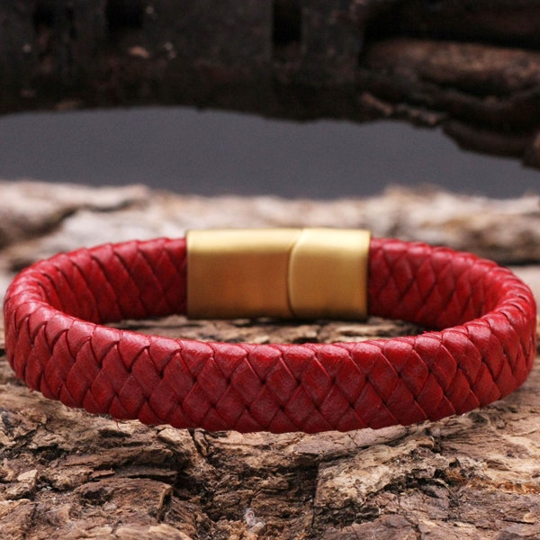 Bracelet leather bracelet men's bracelet men's red copper gold, trendy modern, high-quality stainless steel magnetic clasp, hand-braided leather