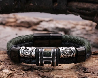 Leather bracelet for men - men's bracelet - magnetic clasp made of stainless steel - high quality - length 20 cm - black green