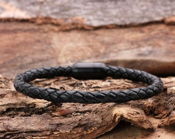 Heren leren armband, hoogwaardige roestvrijstalen magneetsluiting, gevlochten rond, zwart, lengte 20 cm