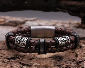 Heren leren armband, bruin gevlochten, met runenkralen, rond leer, breed met hoogwaardige roestvrijstalen magneetsluiting