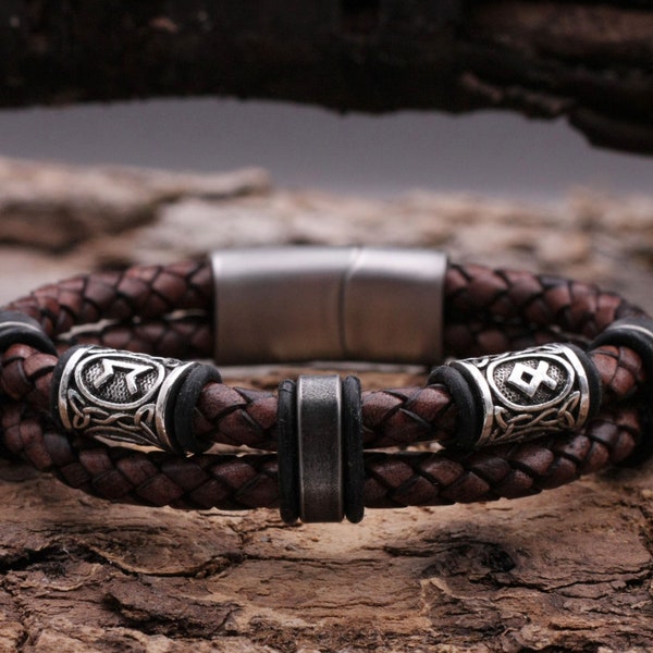 Bracelet en cuir pour hommes, perles runiques tressées marron, cuir rond, large avec fermoir magnétique en acier inoxydable de haute qualité