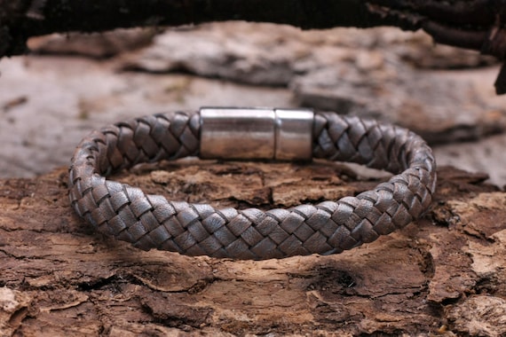 Leather Bracelet Men s Bracelet Hand woven Partner Bracelet Gift Silver Grey Magnetic Clasp Silver Packed in Gift Box Etsy