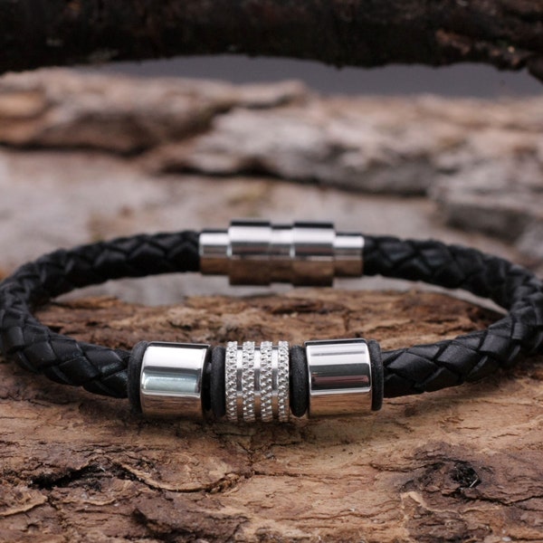 Men's black leather bracelet with silver stainless steel beads and stainless steel magnetic clasp
