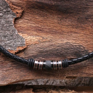 Ketting heren sieraden leren ketting zwart 5 mm gevlochten met roestvrijstalen kralen, zwart koperen sieraden