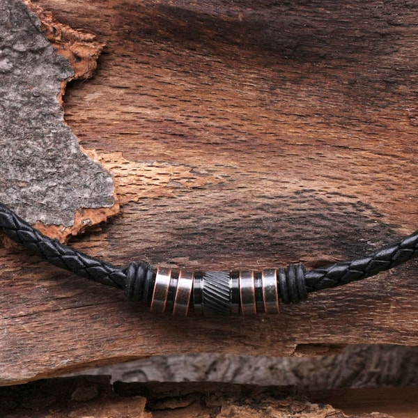 Halskette Herren Männerschmuck Lederhalskette Schwarz 5mm geflochten mit Edelstahlbeads, schwarz kupfer Schmuck