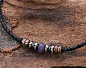 Elegante heren leren ketting met amethist en roestvrijstalen kralen, 45 cm, zwart gevlochten leer