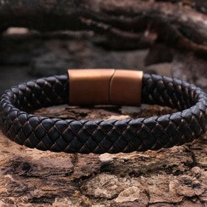 Bracelet leather bracelet men's black copper brown, absolutely trendy, high-quality stainless steel magnetic clasp, hand-braided from genuine leather