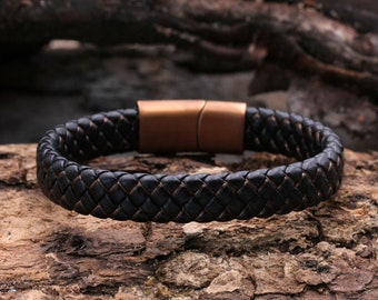 Heren leren armband, zwart, koper, bruin, absoluut trendy, hoogwaardige roestvrijstalen magneetsluiting, met de hand gevlochten van echt leer