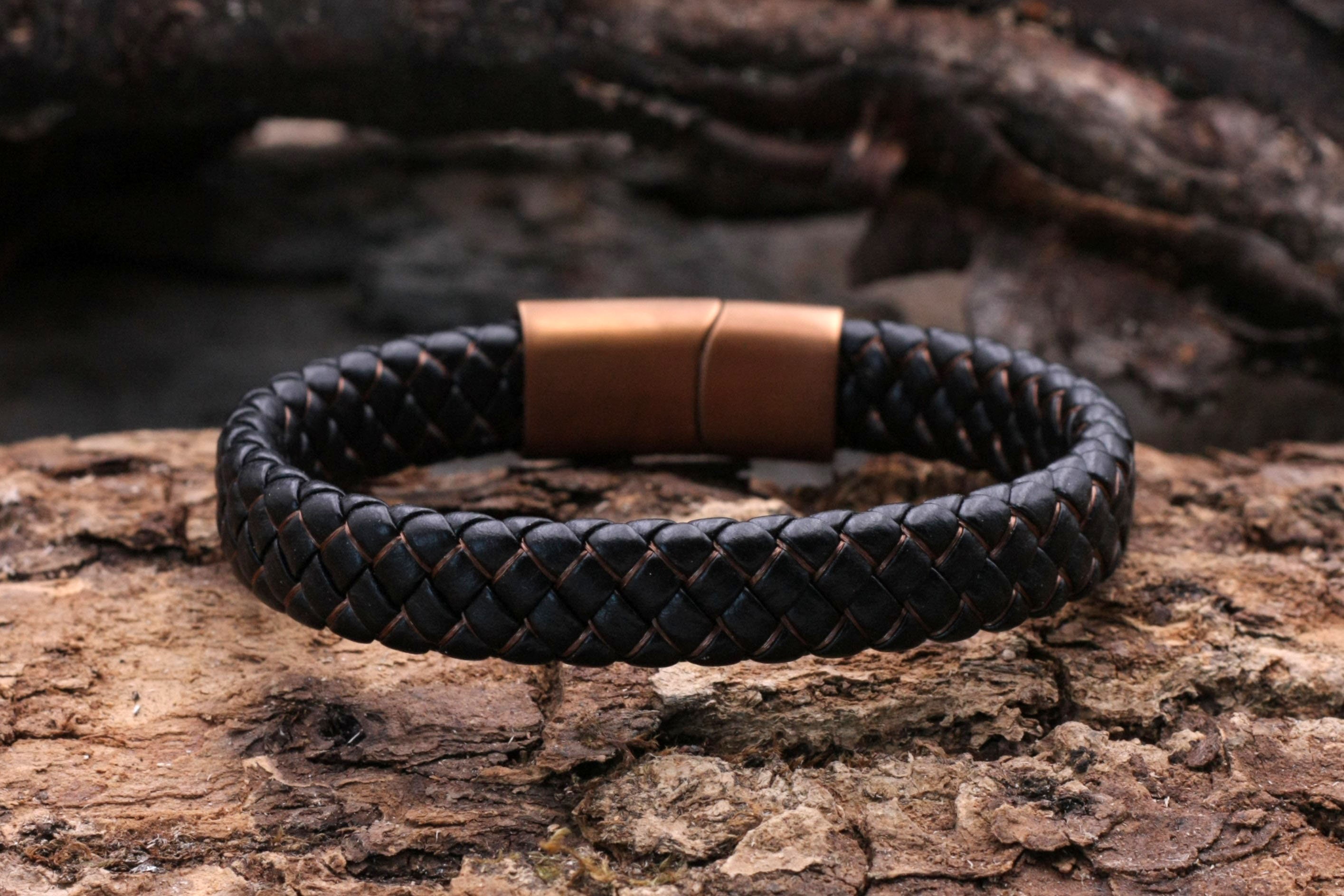 Men's Black Braided Leather Rope Bracelet Stainless Steel Magnetic Clasp  Cuff
