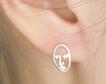 Face Tiny Stud Earrings-Minimalist earrings-Hollow face stud earrings