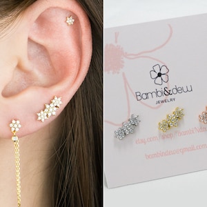 Clous d'oreilles cubiques triples fleurs-Boucles d'oreilles empilables-Boucles d'oreilles minuscules-Boucles d'oreilles deuxième trou-clous d'oreilles fleurs cz argent sterling 925