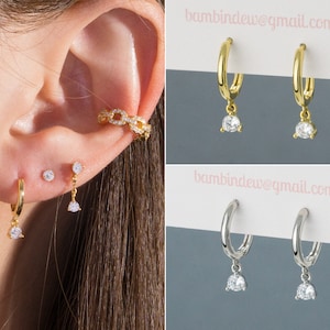 Cubic Dangle Hoop Earrings - Simple Cz Hoops - Cubic Zirconia Hoop Earrings - Dainty Hoop Earrings - 925 Silver Hoop Earrings