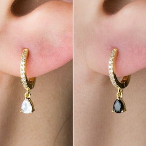 Tear Drop Cubic Hoop -  huggie earrings - hoop earrings - delicate earrings- stacking earrings - 925 silver earrings - White Cubic Hoop