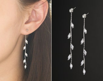 Olive leaf Dangle Earrings-Long Leaf dangling earrings-bride earrings-stud earrings-Cubic Zirconia-Wedding earrings
