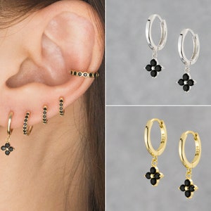 Quad bead Hoop Earrings-Dangle Earrings-four black cubic dangle earrings - Dainty Hoop Earrings - 925 Silver Hoop Earrings