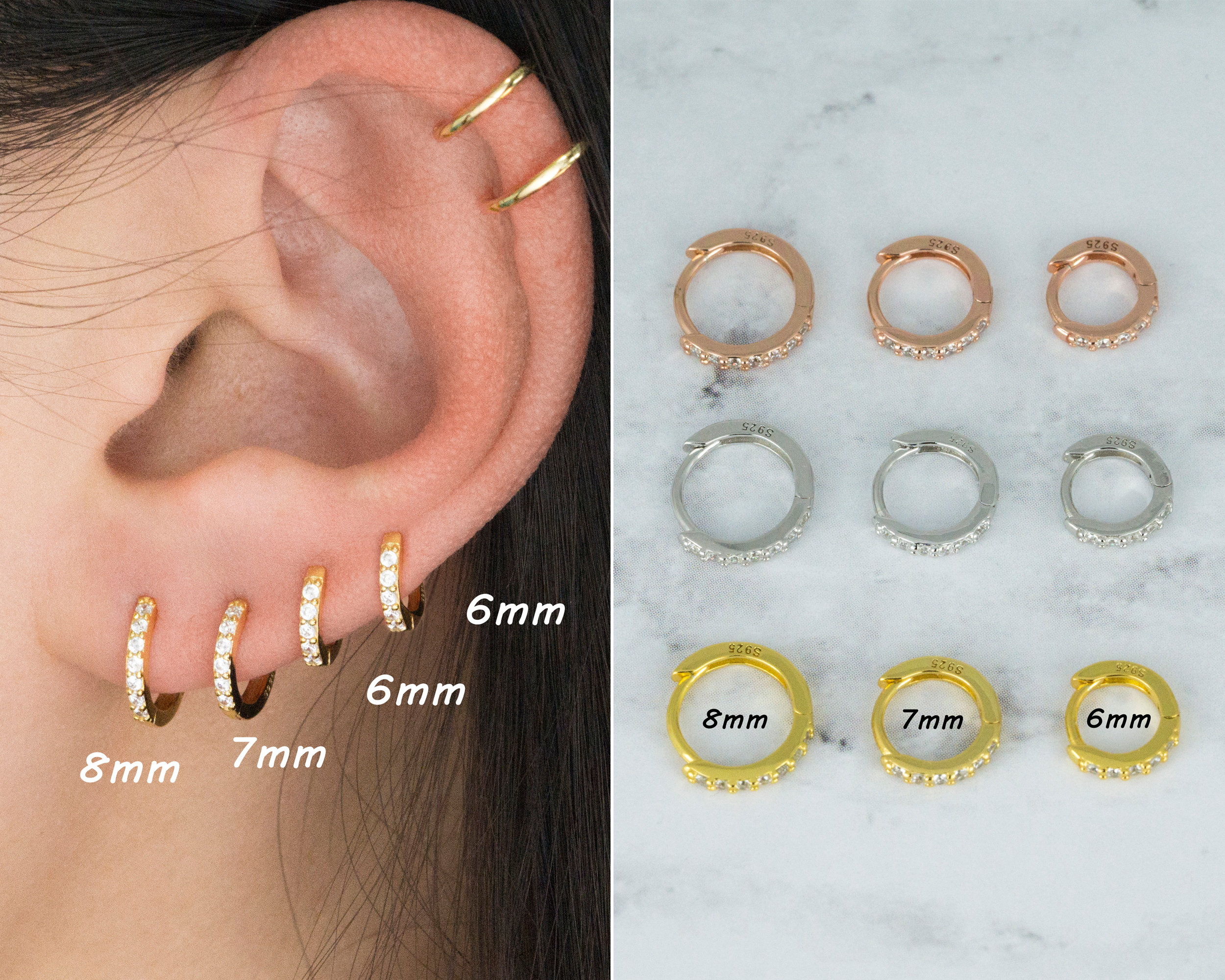 Sterling Silver Gold Plated Love Heart 6mm Hoop Paved CZ Huggie Cuff Earrings