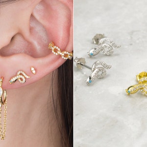 Tiny Snake Stud Earrings - Turquoise  Eys Snake Studs - Sterling Silver Snake Earrings - Stacking Earrings - Minimalist Earrings