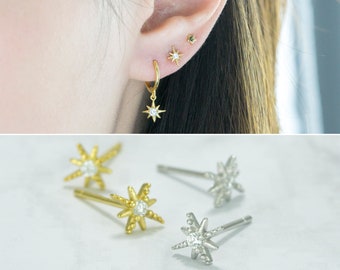 Tiny Starburst Stud Earrings-Tiny Studs-Tiny Star Earrings-Celestial Earrings-Second hole earrings-Minimalist Jewelry