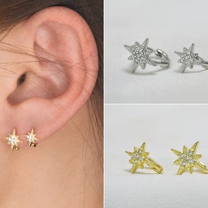 Starburst Huggie Hoop Earrings-Stacking Earrings-Tiny Hoop Earrings - Celestial Geometric Design - 14k Gold Plated