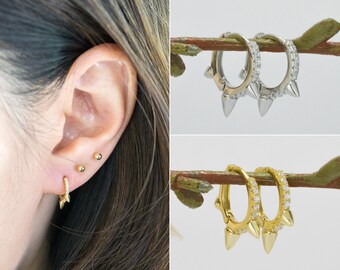 Three Spike Hoop Earrings-Mini Hoops-Stacking Earrings