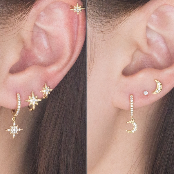 Star and Moon Hoop Earrings-celestial earrings-Lunar Jewelry - Dainty earrings-tiny jewelry - minimalist - 18k gold plated - mismatched