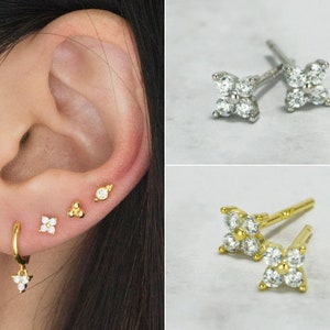 Minuscule goujon cubique de trèfle-quatre perles clous cubiques-boucles d’oreilles cubiques fleurs-2ème trou-3ème trou-Boucles d’oreilles cartilagineuses-clous de fleurs-Clous étincelants