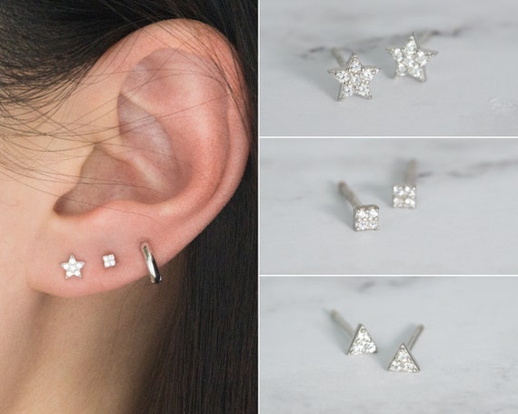 Tiny Triangle square Stud tiny Star cubic Zirconia Stud Earrings minimalist Earrings tiny Earrings cz Earrings silver Studs 925 Silver Studs Etsy Canada
