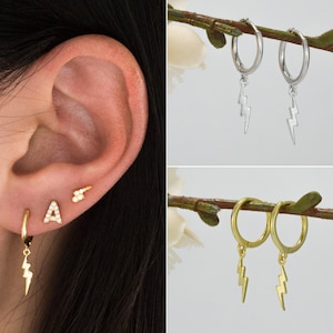 Lightning Bolt Hoop Earrings-Stacking Earrings-Tiny Hoop Earrings
