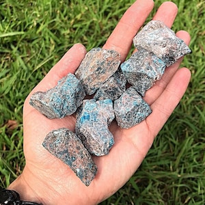 May include: A collection of blue and brown rough apatite crystals in a hand. The crystals are various sizes and shapes.