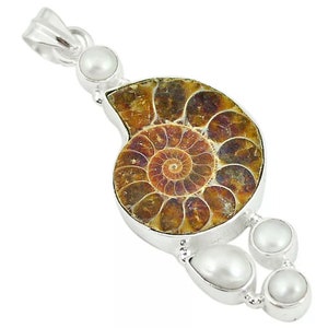 Ammonite Fossil & Pearl 925 Sterling Silver Pendant
