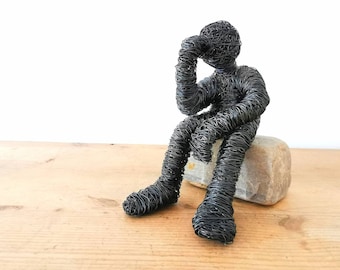 In thoughts - thoughtful sculpture made of wire sits on beautiful natural stone - handmade art - unique