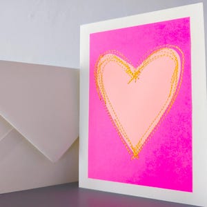 Cartão de coração costurado em neon brilhante - exclusivo - cartão dobrável e envelope cor creme - feito à mão