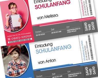 25 Schulanfangskarten, Einladung Schulanfang, Einladungskarten, Einschulung, individuell, Ticket-Design, Motiv 5