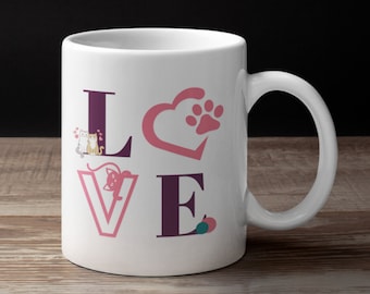 Cat love mug, cute cat mug, gift for cat lover, crazy cat lady, cat mom, cat dad, pink and purple cat gift