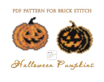May include: PDF pattern for brick stitch Halloween pumpkins. The pattern features two orange pumpkins with black eyes, nose, and mouth.