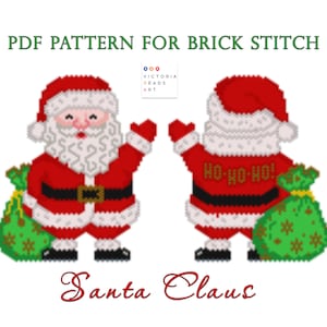 Puede incluir: Un patrón PDF para un Santa Claus en punto de ladrillo con una bolsa de regalos. El patrón incluye el texto "HO-HO-HO!" en la parte posterior de Santa.