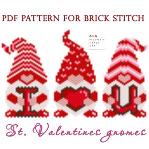 Brick stitch Valentine gnome pattern, beaded Valentines Day gnome with letters, Valentines Day beading PDF pattern