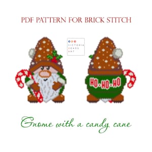 Gnome with a Candy Cane Brick Stitch Pattern (Double-Sided) – Christmas Beaded Ornament – PDF