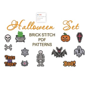 Puede incluir: Un conjunto de 12 patrones de abalorios de punto de ladrillo con temática de Halloween. Los patrones incluyen una calavera, huesos cruzados, un caldero, una telaraña, una araña, un esqueleto, un murciélago, un fantasma, una calabaza, una cruz, un letrero de "Truco o trato" y un letrero de "¡Boo!"