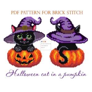 Peut inclure: Un motif numérique pour point de brique représentant deux chats d'Halloween. Chaque chat noir porte un chapeau de sorcière violet et est assis sur une citrouille orange. Le texte indique "PDF PATTERN FOR BRICK STITCH" et "Halloween cat in a pumpkin."