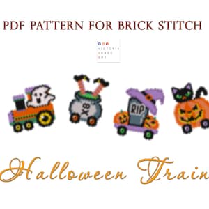 May include: A PDF pattern for a Halloween train made with brick stitch beading. The train is made up of five carriages: a ghost, a cauldron, a tombstone, a pumpkin, and a black cat. The pattern is for a Halloween train.