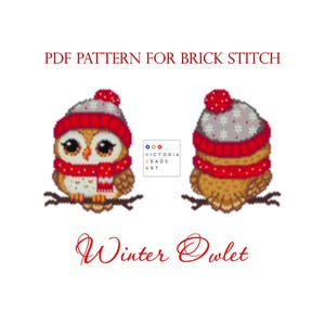 May include: A digital PDF pattern for brick stitch showing two winter owlets. One owlet is facing forward, wearing a red hat and scarf, and the other is a side view. The text "Winter Owlet" is written in red script.