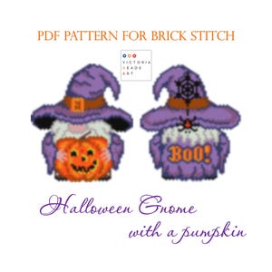 Halloween Gnome With Pumpkin Brick Stitch Pattern – Double-Sided Beaded Ornament – PDF Pattern