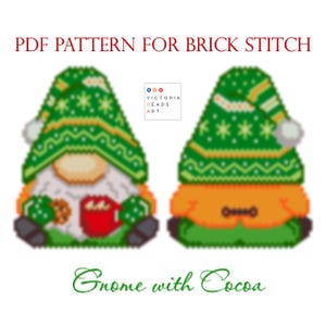 Fall/Autumn Gnome with a mug of Cocoa – Brick Stitch Beading Pattern – Christmas Gnome Ornament – PDF Beaded Pattern for Autumn Holidays