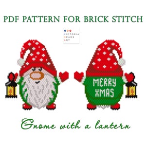 Brick stitch pattern Gnome with a lantern, Christmas gnome pattern, Christmas beaded ornament, Christmas tree toy, PDF pattern